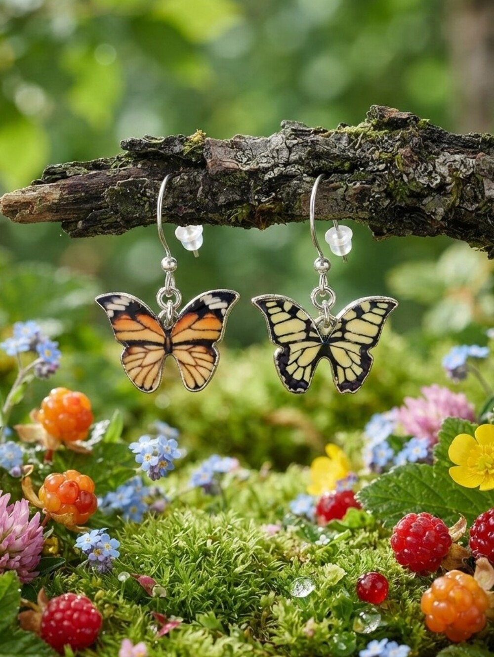 Reversible Butterfly Dangle Earrings - Orange & Yellow Monarch Design, Silver